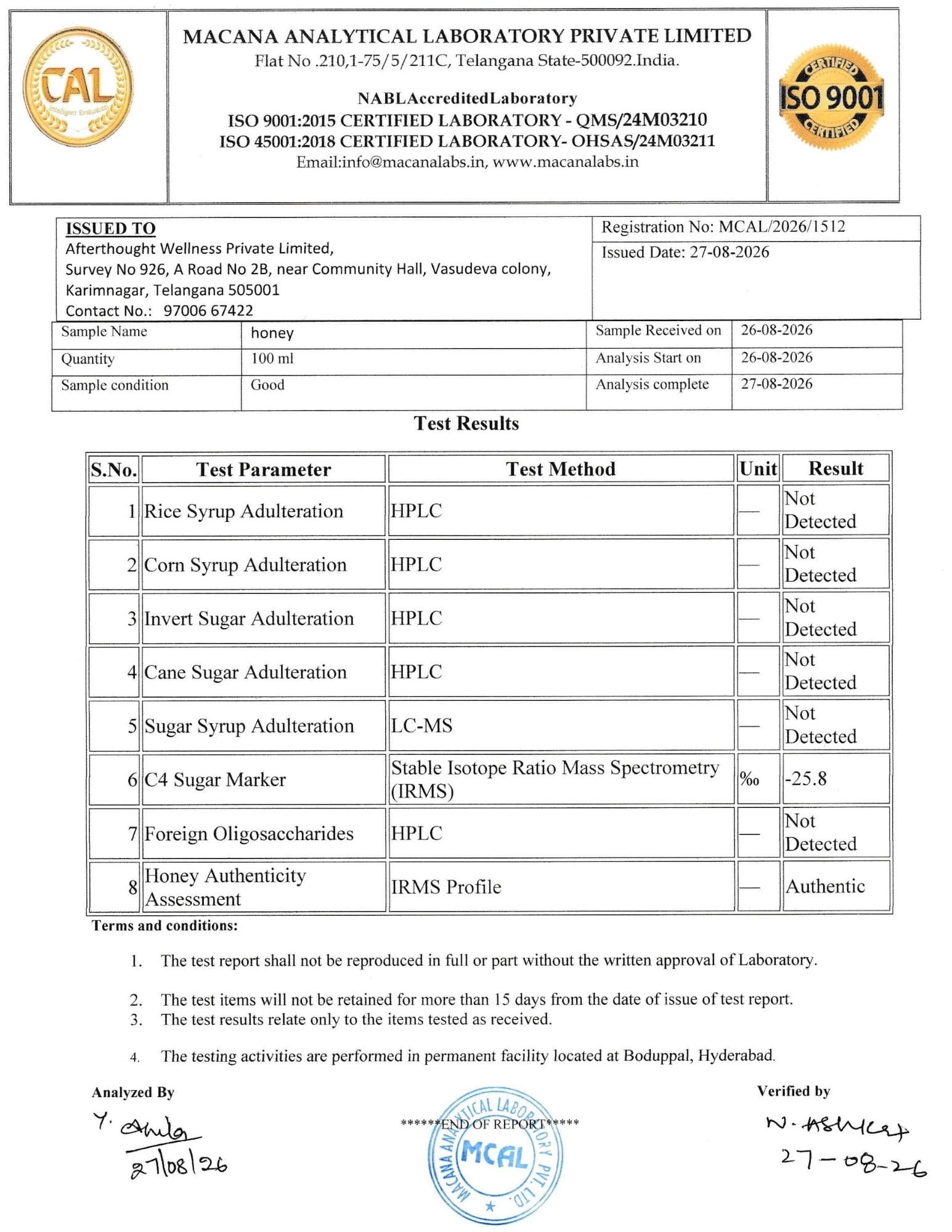 Raw Honey Latest Lab Test Report NABL