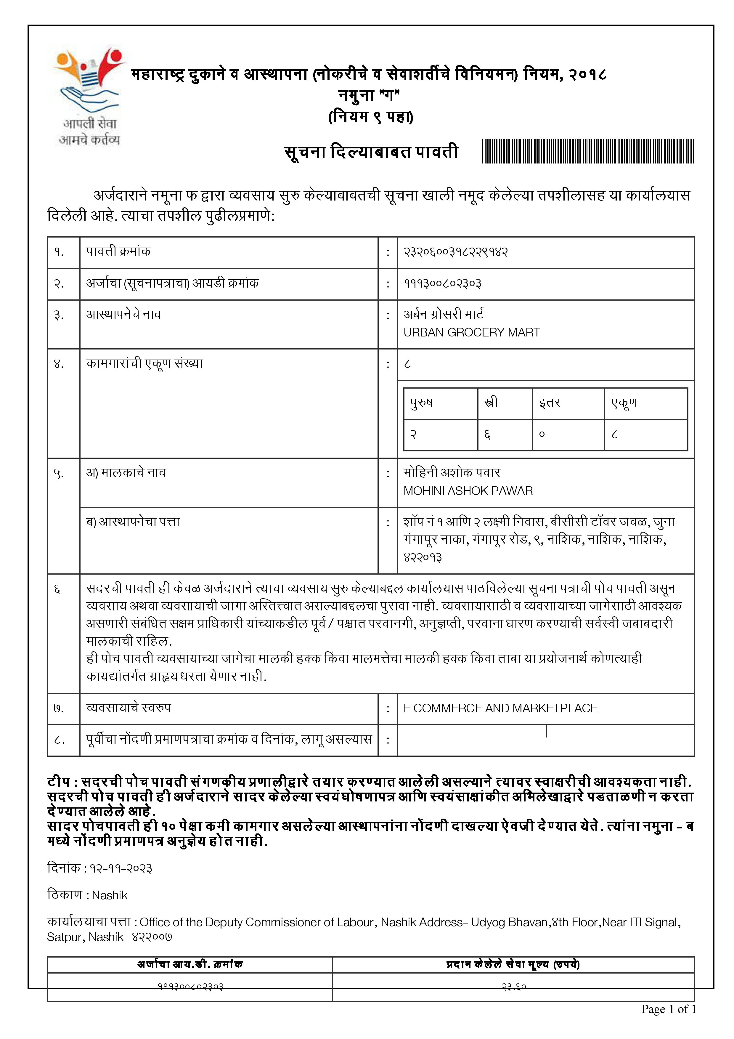 Urban Grocery Mart Shop Act Licence