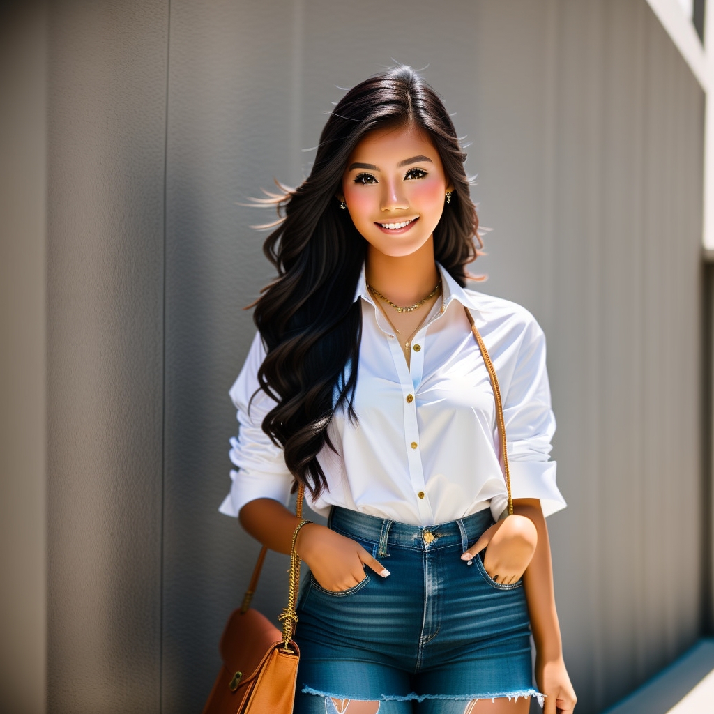 A young Filipina woman posing for a photo beside a wall with white top.