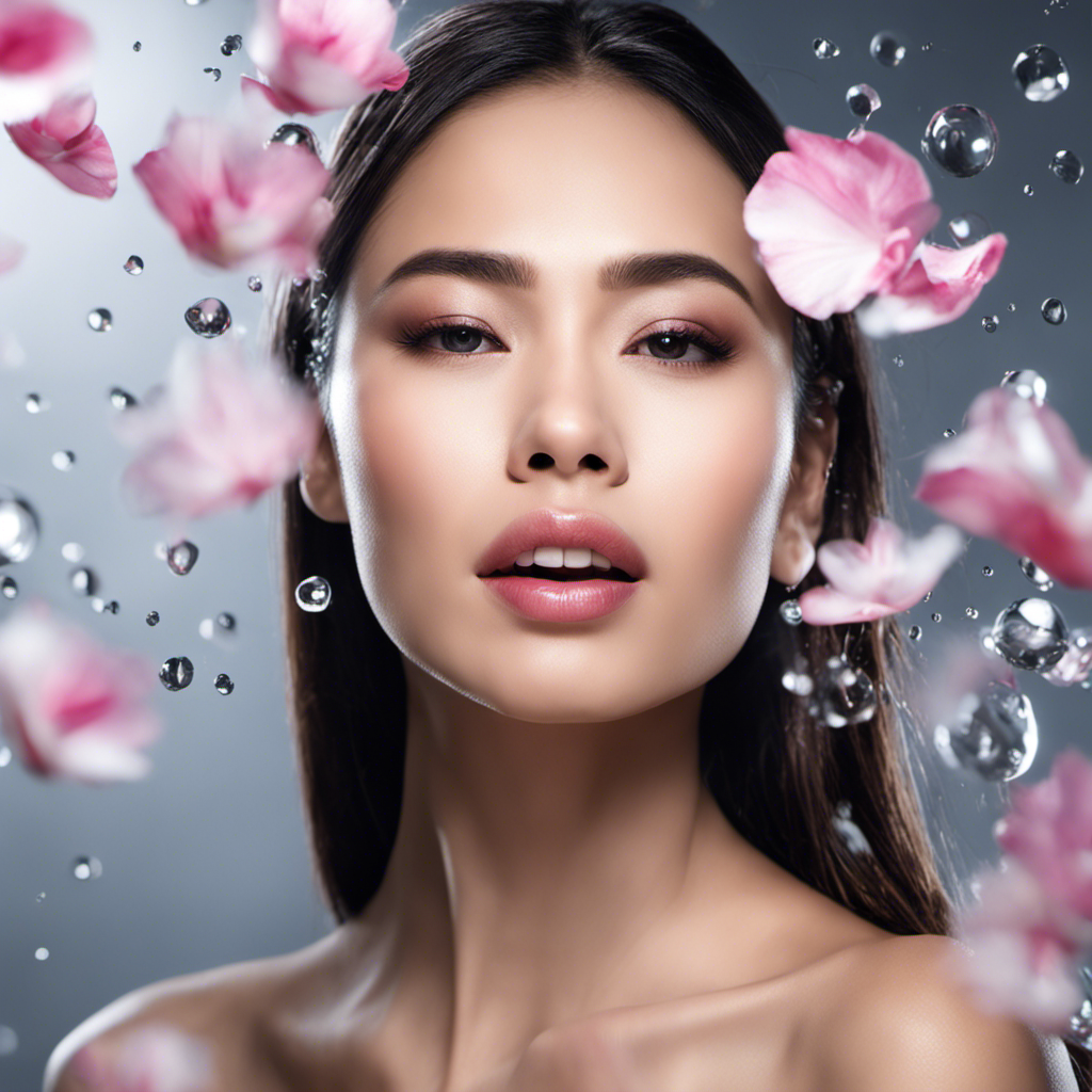 A beautiful Filipino woman model with pink lip gloss. Soothing gel and pink flower botanicals accentuate the image.