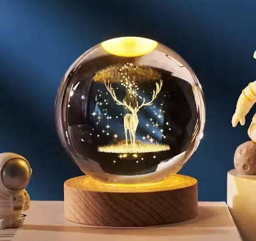 3D Engraved Deer Crystal Globe Lamp | USB LED Night Light with Wooden Base | Creative 6 cm Crystal Ball Table Lamp for Bedroom (Warm White)