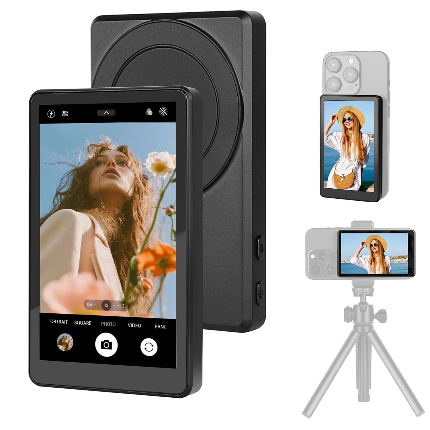 Magnetic Selfie Screen with 3.97-Inch Display, 1250mAh Rechargeable Battery, Wireless Connection, USB-C, Magnetic Phone Back Camera Screen for iPhone & Android Smartphones