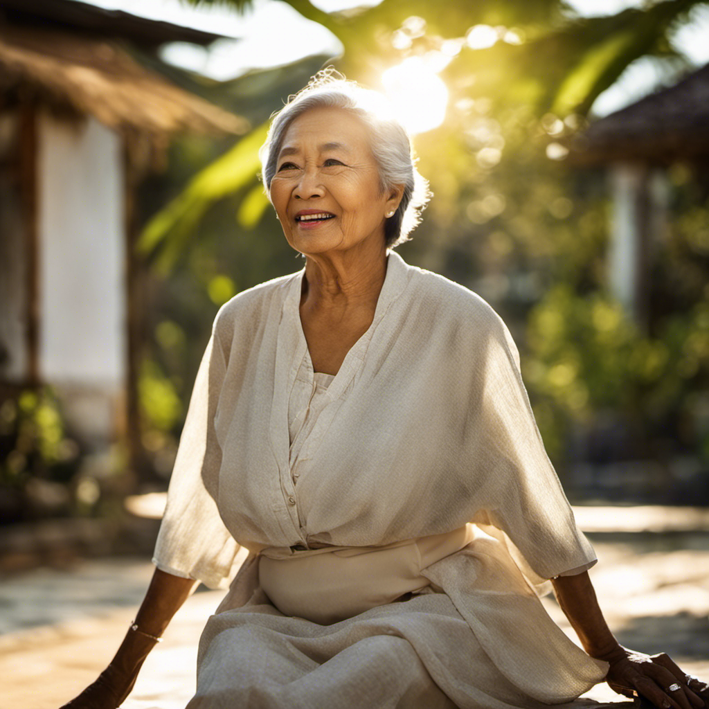 Older Filipino Woman enjoying time at the beach. She uses her clothing and Beautifilipina Sun Dazed Sunscreen to protect her skin from harsh rays.