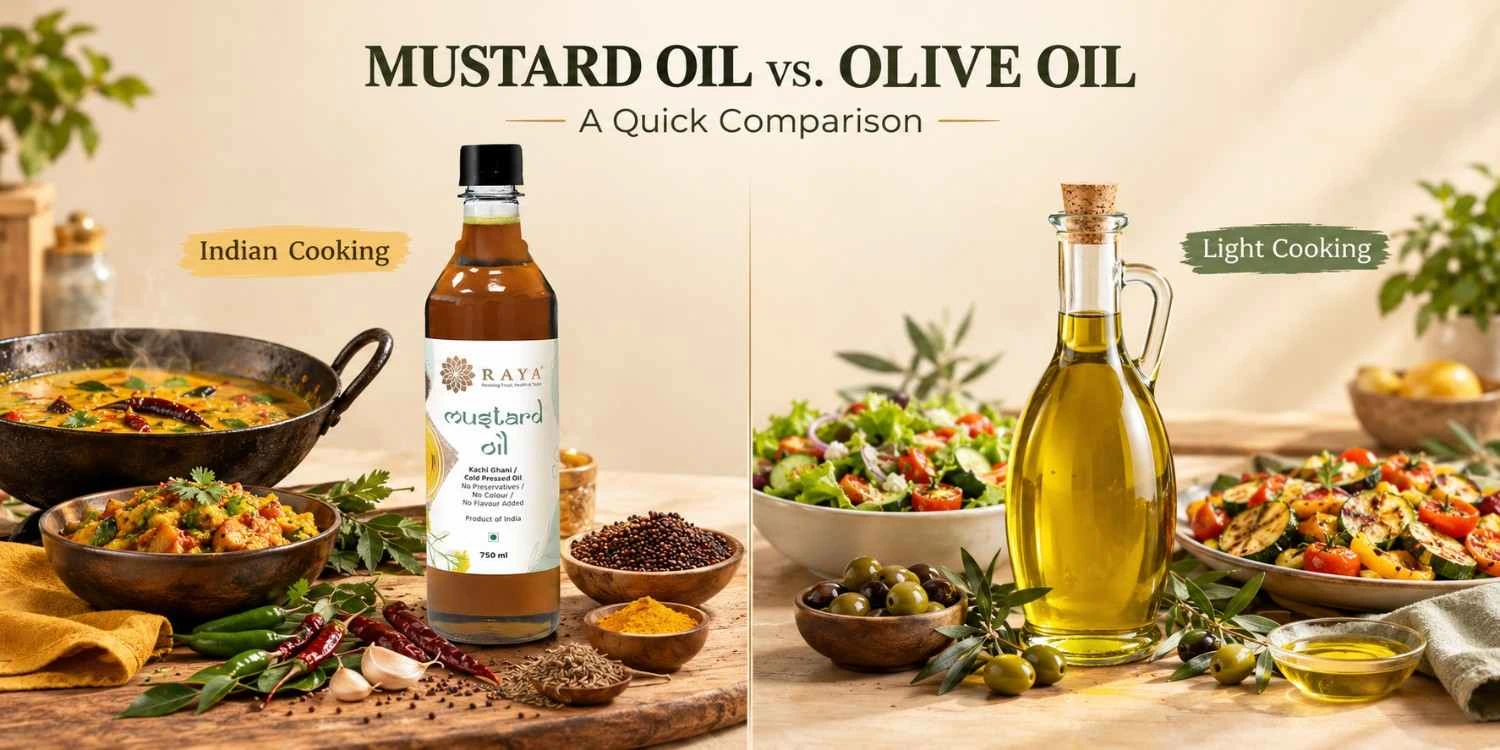 Mustard oil and olive oil comparison showing their different cooking uses and benefits.