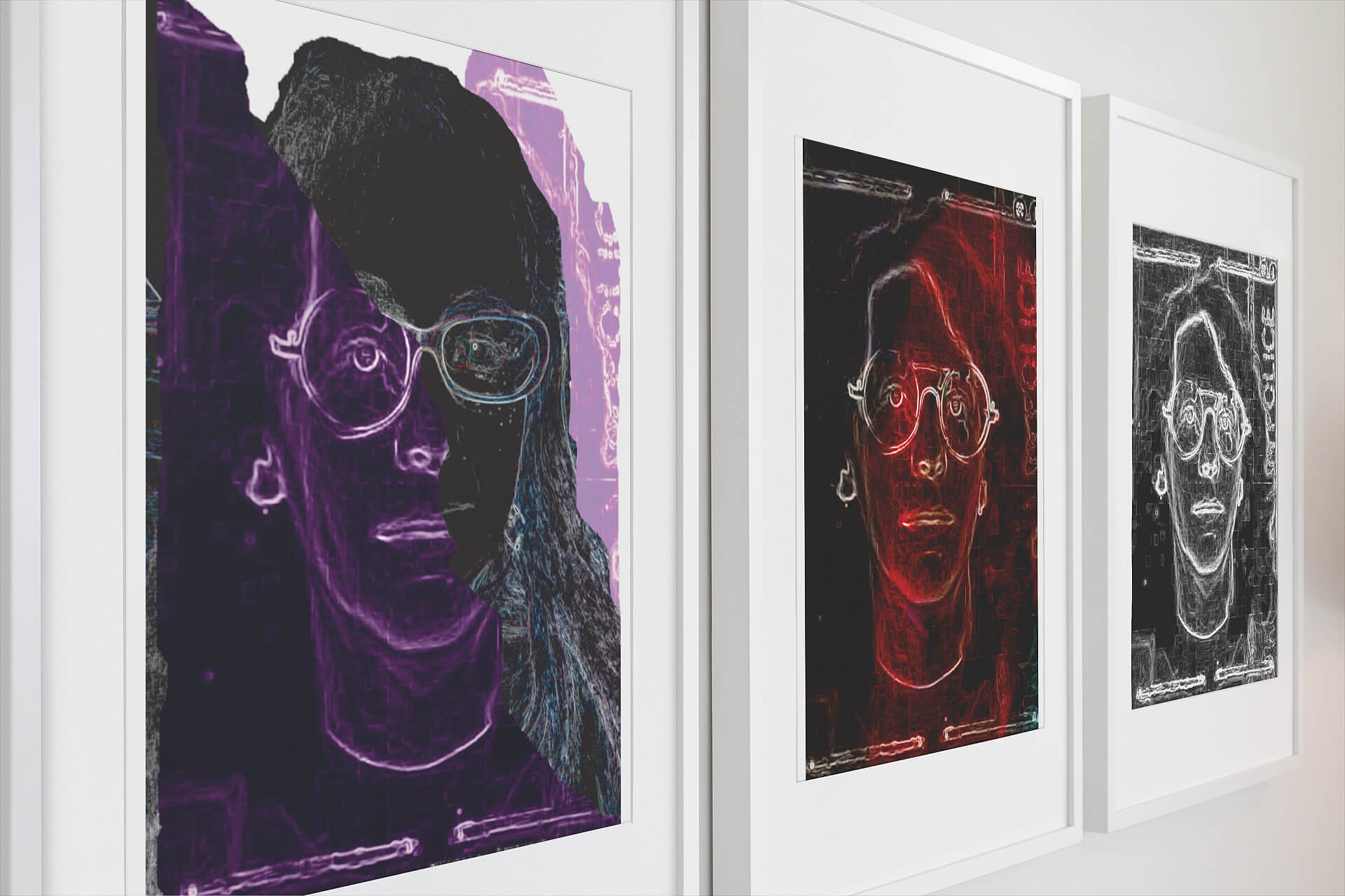 Series of 3 Mixed media portraits of Annetta Pedretti by artist Michelle Baharier