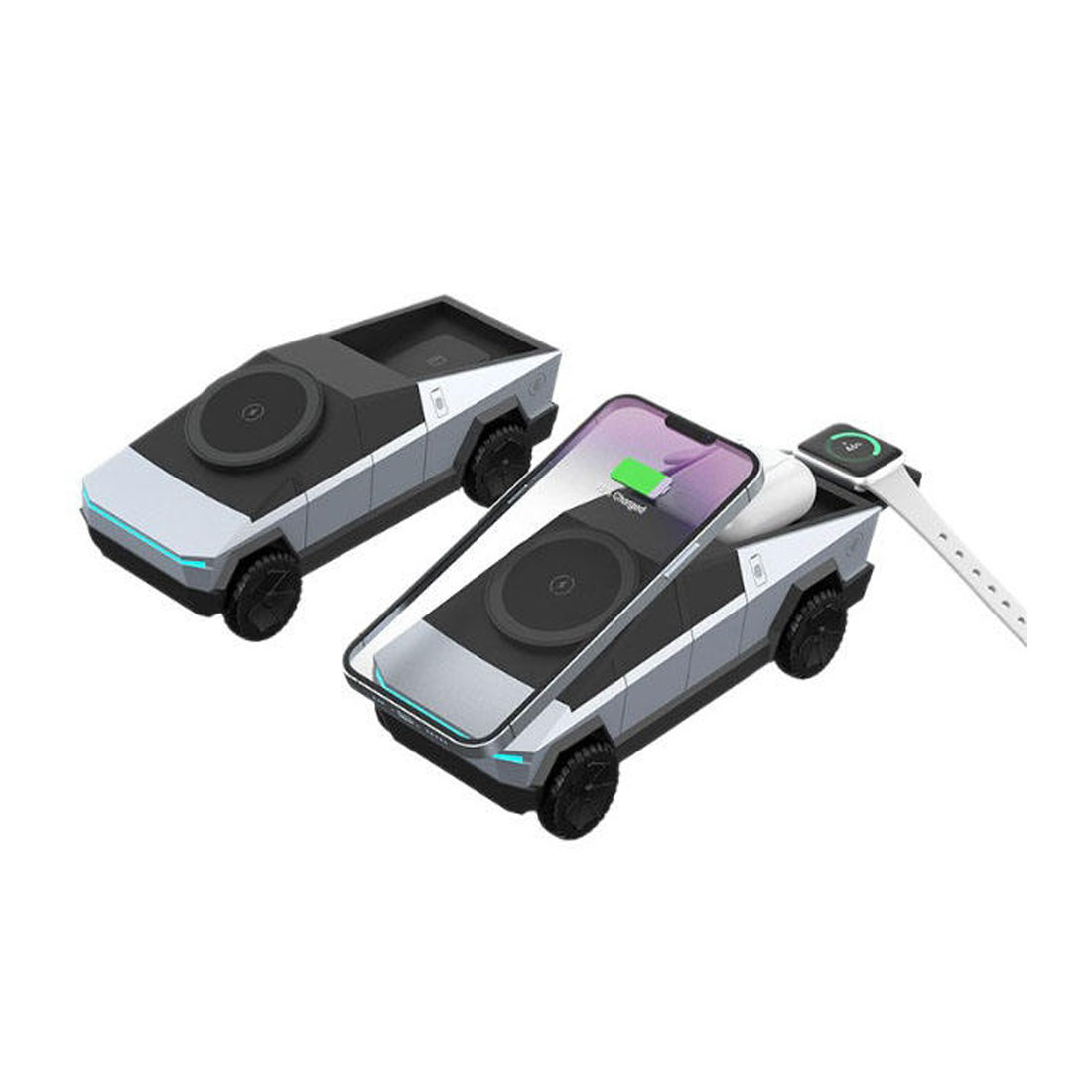 PHOTOMAX 3-in-1 Wireless Charging Station – 15W Fast Magnetic Charger for Phone, Smartwatch & Earbuds – Hidden Car Model Design (T 3 Silver)