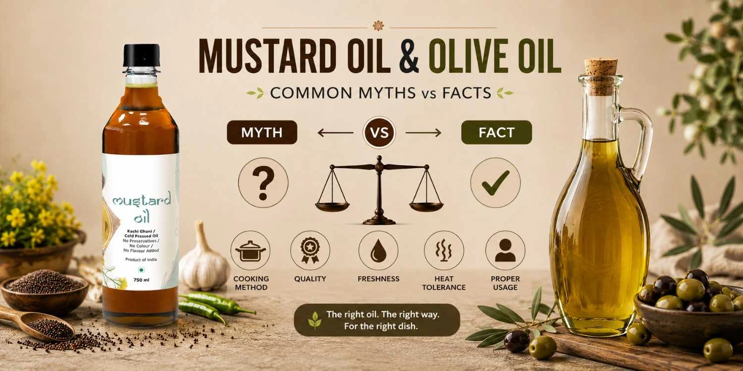 Mustard oil and olive oil featured in a myth versus fact comparison about cooking oils.