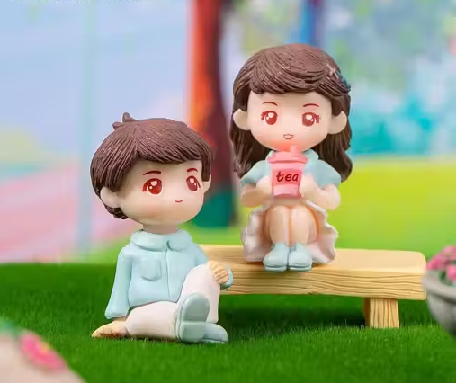 Cute Sweety Sitting Lovers Romantic Couple Showpiece Miniature Figurine Romantic Gifts Wedding Decor Cake Decor Showpiece (1 Boy & 1 Girl) (Small) BLUE