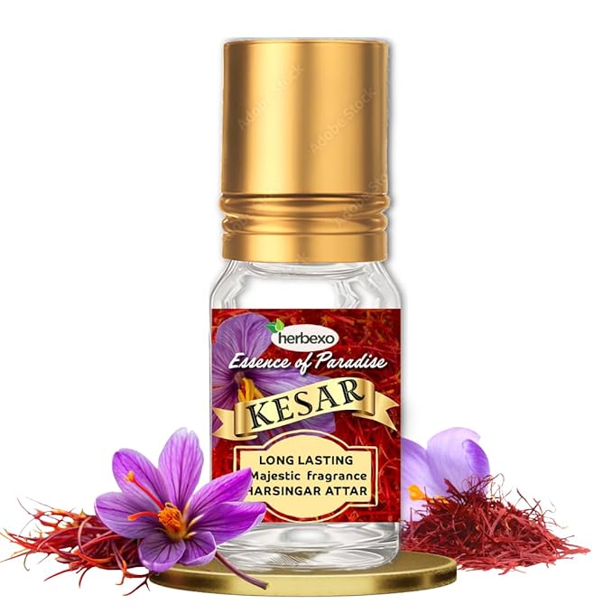Herbexo Natural Saffron (Kesar) Attar for Pooja | Pure Saffron Flower Essence | Alcohol-Free, Long-Lasting Pure Fragrance
