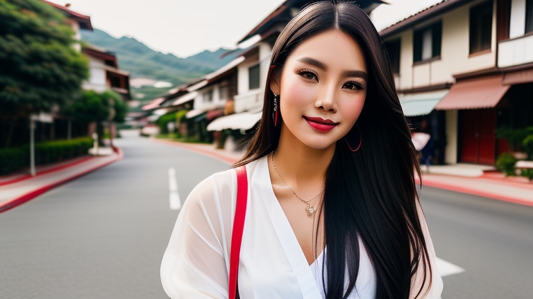 A young Filipina walks in the street. She has red Beautifilipina Airy Matte lip stain on her lips.