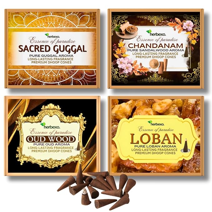 Divine Aroma Dhoop Cones - 4-in-1 Fragrance Pack Sandalwood, Guggal, Loban, Oud | 100% Natural, Non-Toxic, Long-Lasting Pure Herbal Incense Cones (Sandalwood, Oud, Guggal, Loban)