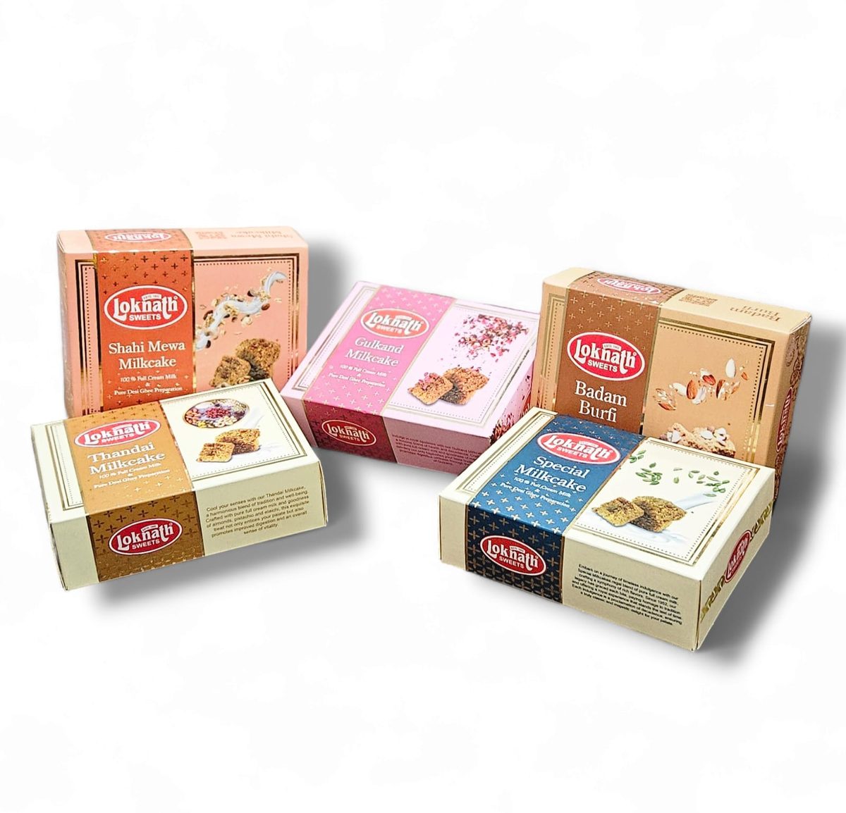 Loknath Sweets milk cake range: Special, Shahi Mewa, Gulkand and Thandai Milk Cake boxes