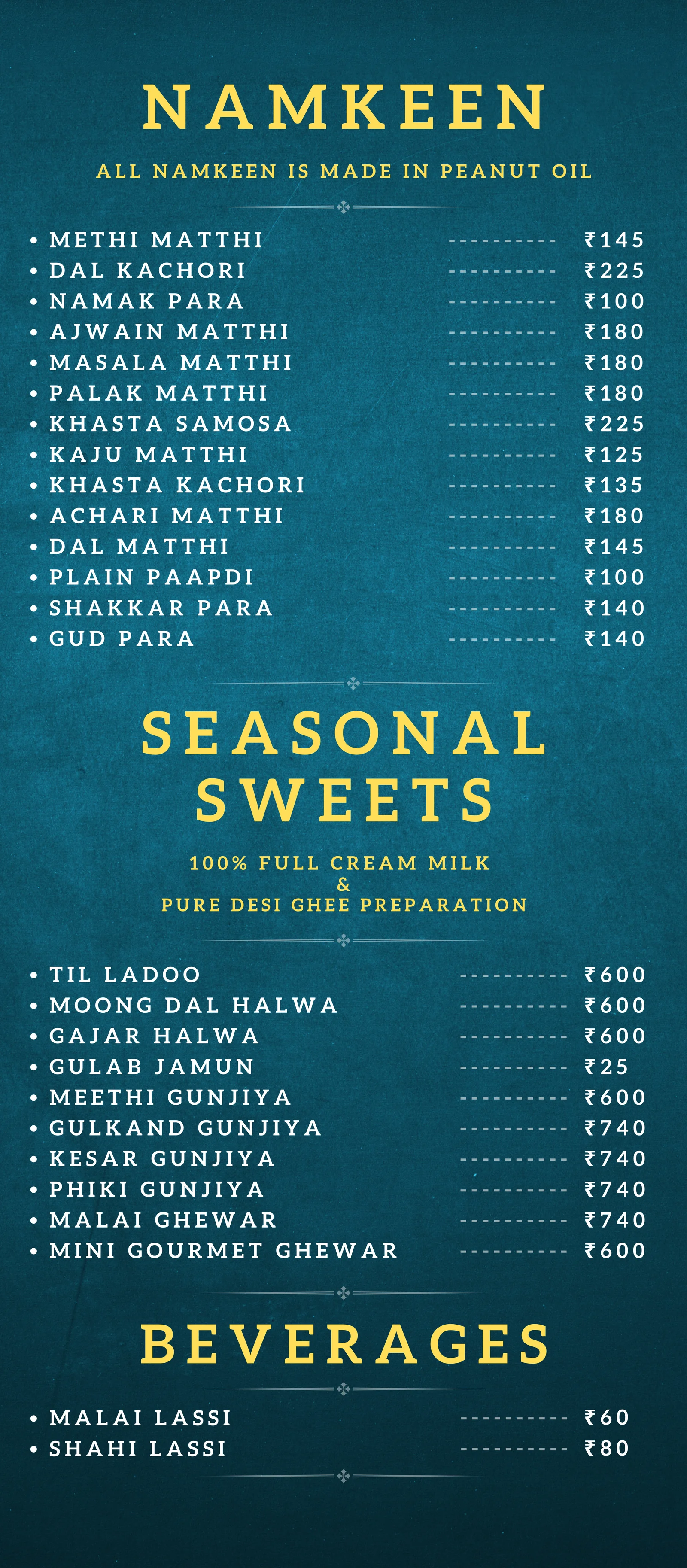 Loknath Sweets offline menu - namkeen, seasonal sweets and beverages price list