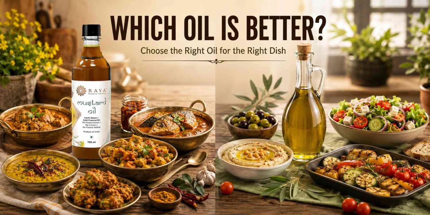 Mustard oil for Indian dishes and olive oil for salads and light cooking.