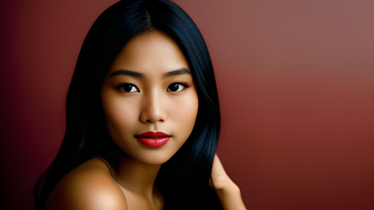 Beautiful woman shows off her lip tint in front of a painted wall.