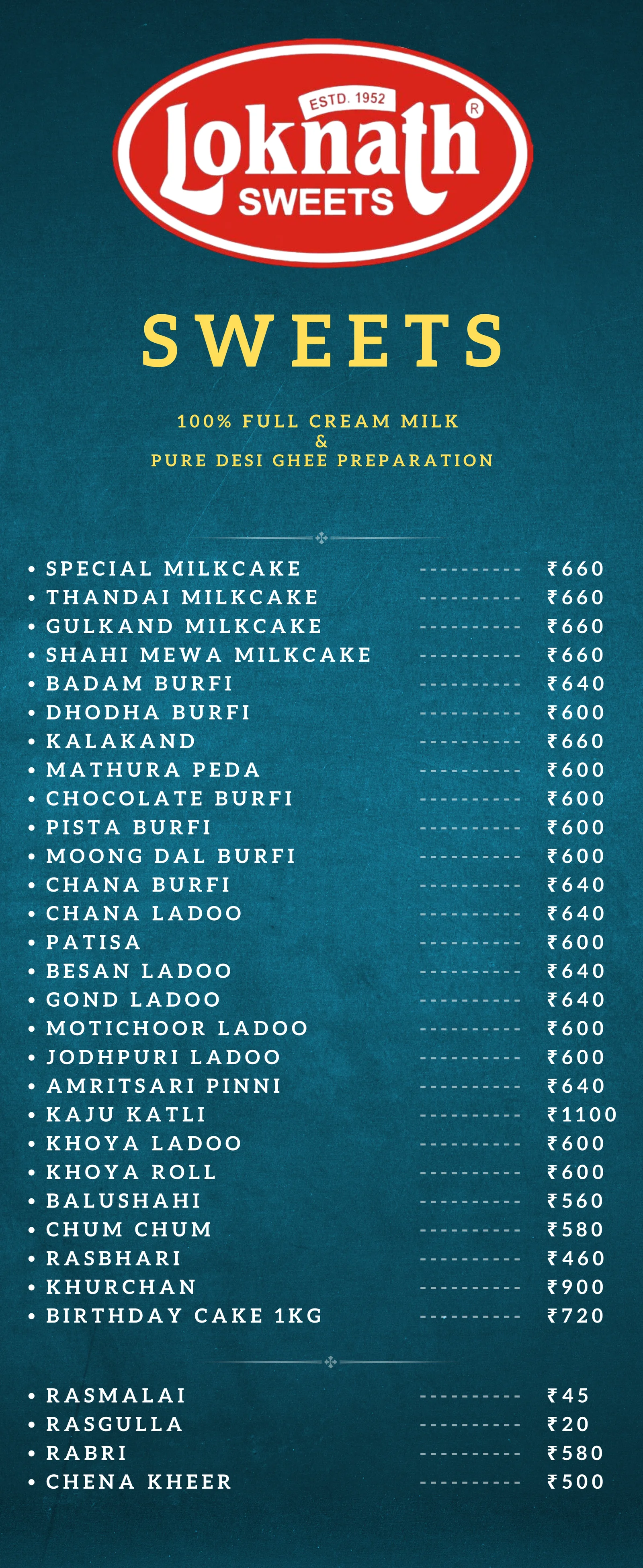 Loknath Sweets offline menu - sweets, milk cakes and Bengali sweets price list