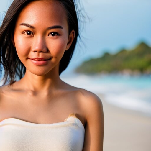 Beautiful Filipina at the beach, the warm glowing sunlight touches her skin.