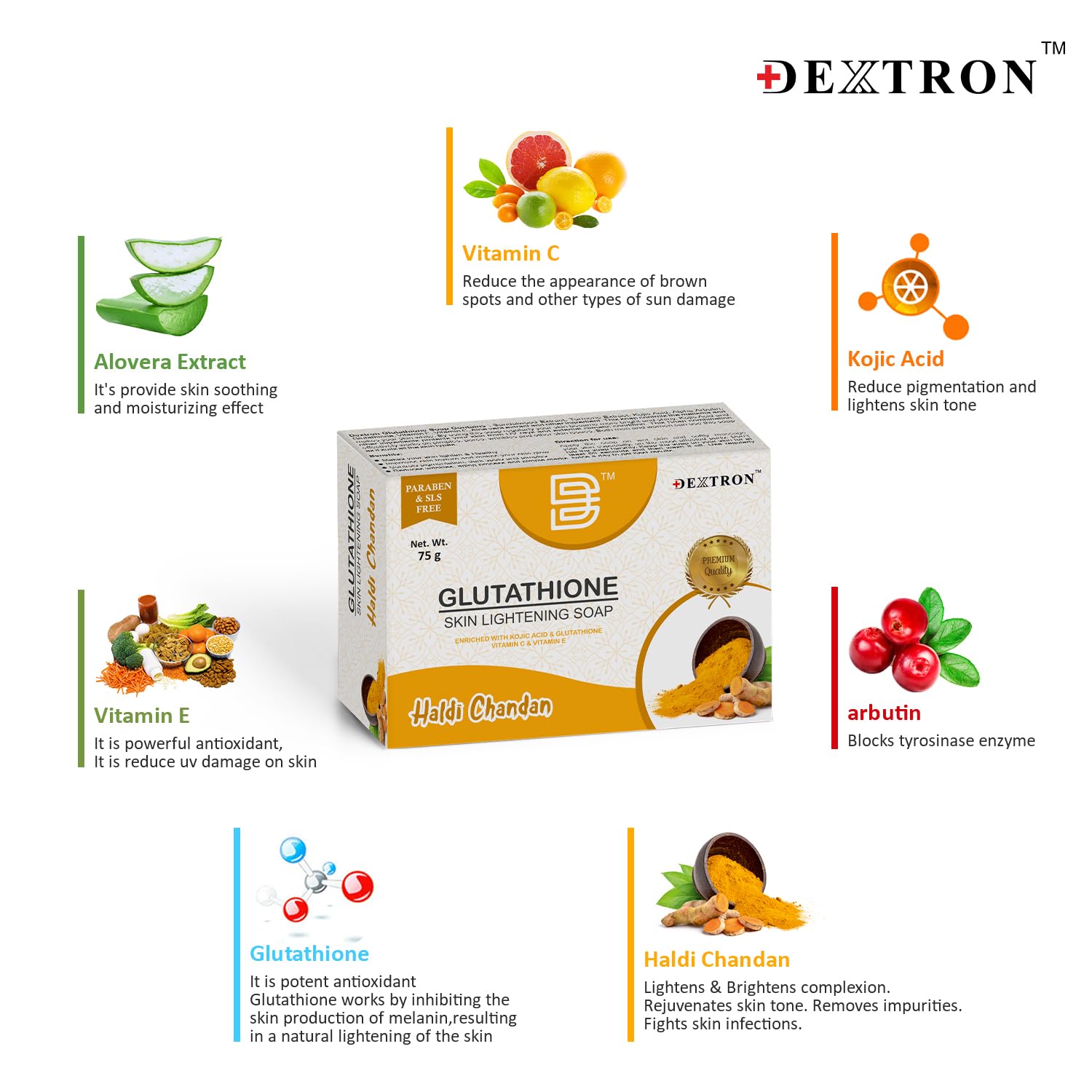 🌼 Ancient Secrets, Modern Glow: Dextron Haldi Chandan Glutathione Soap Is the Skin Brightening Ritual You Deserve You’ve heard of beauty that’s skin-deep — but this? This goes deeper. It reaches into the roots of tradition and emerges with science in its hands.  Meet your new skincare staple: Dextron Haldi Chandan Glutathione Skin Lightening Soap – 3 x 75gm  A divine blend of haldi (turmeric) and chandan (sandalwood), fused with potent modern actives like glutathione, kojic acid, and vitamin C. Each bar is a tribute to timeless beauty, now optimized for today’s skincare needs.  🌿 Why This Soap Is More Than Just a Cleanse This isn’t a bar of soap — it’s your morning mantra, your evening reset, your skin’s secret weapon. Here’s why it works like magic:  💛 Haldi (Turmeric) The OG glow-getter. Fights inflammation, reduces scars, fades blemishes, and brings back your natural golden radiance.  🟤 Chandan (Sandalwood) Nature’s own calm balm. Soothes, cools, and brings out your inner peace and outer glow. Your skin will feel like it just meditated.  🌟 Kojic Acid (0.5%) Targets melanin overload like a pro. Perfect for tackling sun spots, acne marks, and pigmentation. Brighter days ahead.  ✨ Glutathione (0.5%) Antioxidant royalty. Detoxes and lightens your skin while improving overall clarity and tone.  🍊 Vitamin C (1%) Firms, brightens, and keeps your skin looking youthful and vibrant. The glow is undeniable.  💧 Vitamin E (0.5%) The nourishing hug your skin didn’t know it needed. Locks in moisture, fights oxidative stress, and heals from within.  🧖‍♀️ Benefits That Speak Louder Than Filters ✅ Skin brightening with a natural, radiant finish  ✅ Reduces dark spots, pigmentation, and blemishes  ✅ Spa-like fragrance and velvety lather  ✅ Paraben-free & SLS-free for pure, gentle care  ✅ Made for all skin types, including sensitive skin  ✅ Deeply hydrating, non-drying, and glow-enhancing  ✅ Daily face and body use for total skin transformation  📿 Tradition in a Bar. Transformation in a Routine. Let’s be real: Haldi and Chandan aren’t trends — they’re timeless. Used for centuries in Indian skincare, they’re the foundation of rituals meant to purify, heal, and beautify. Dextron doesn’t just borrow these — it honors them.  Then comes the science — kojic acid, glutathione, vitamins C & E — to power up your ritual and make it ready for today’s pollution, stress, and skin damage.  It’s a marriage of Ayurveda and dermatology, and your skin is the VIP guest.  🛁 Your Ritual: Simple, Sacred, Effective Wet skin and lather the bar between hands or on a loofah.  Massage gently over face and body.  Let the lather sit for 30 seconds (so the actives do their thing).  Rinse thoroughly and pat dry.  Use daily for visible results in just a few weeks.  Bonus Tip: Pair with a light moisturizer or serum post-bath to seal in that herbal glow.  🔍 SEO Keywords to Capture Search Hearts Haldi chandan skin lightening soap  Turmeric sandalwood whitening soap  Glutathione soap for brightening  Kojic acid soap for dark spots  Paraben free skin brightening soap  SLS free whitening soap  Vitamin C soap for radiant skin  Vitamin E nourishing soap  Herbal soap for glowing skin  Soap for pigmentation removal  Natural skin whitening soap  Even skin tone soap  Dextron isn’t playing. These are high-conversion keywords, and your product is optimized for them out of the box.  📦 Quick Recap Product Name: Dextron Haldi Chandan Glutathione Skin Lightening Soap  Pack: 3 bars x 75gm  Type: Paraben & SLS Free Skin Brightening & Nourishing Soap  Google Product Code: 4797 – Beauty & Personal Care > Bath & Body > Bar Soap  Usage: Face & Body | Daily use | All skin types  🧡 Closing Glow-Up Glow is not a luxury — it’s your legacy. With Dextron Haldi Chandan Glutathione Soap, you’re not just brightening your skin — you’re reclaiming ancient beauty wisdom, refined for a modern world.  Your skin’s story begins at the roots of tradition and shines with the power of science. So go ahead. Lather it up, light it up, and glow unapologetically.