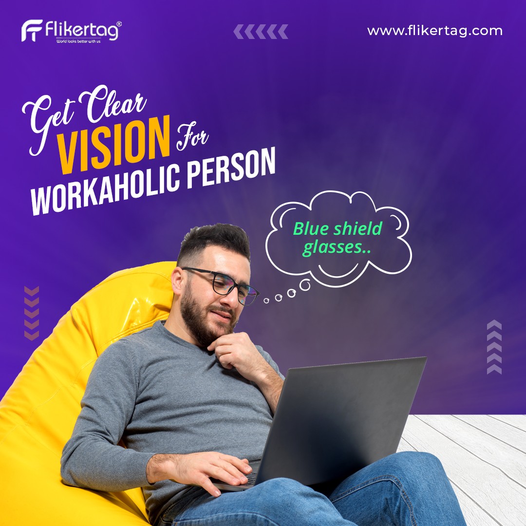 Computer graphic violet background, male person wear blue rays protection glasses while working on laptop