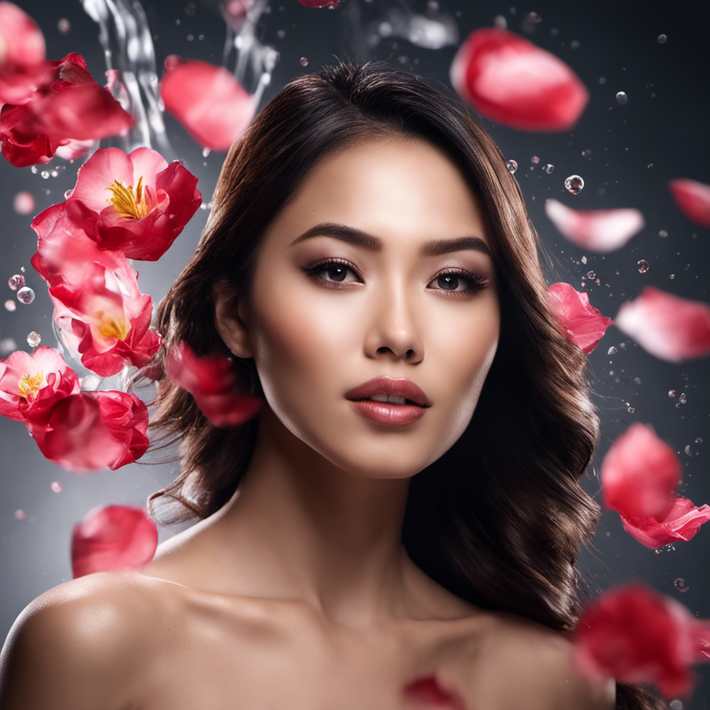 A Beautifilipina model wearing Beautifilipina Lip Glow with flower petals falling around her.